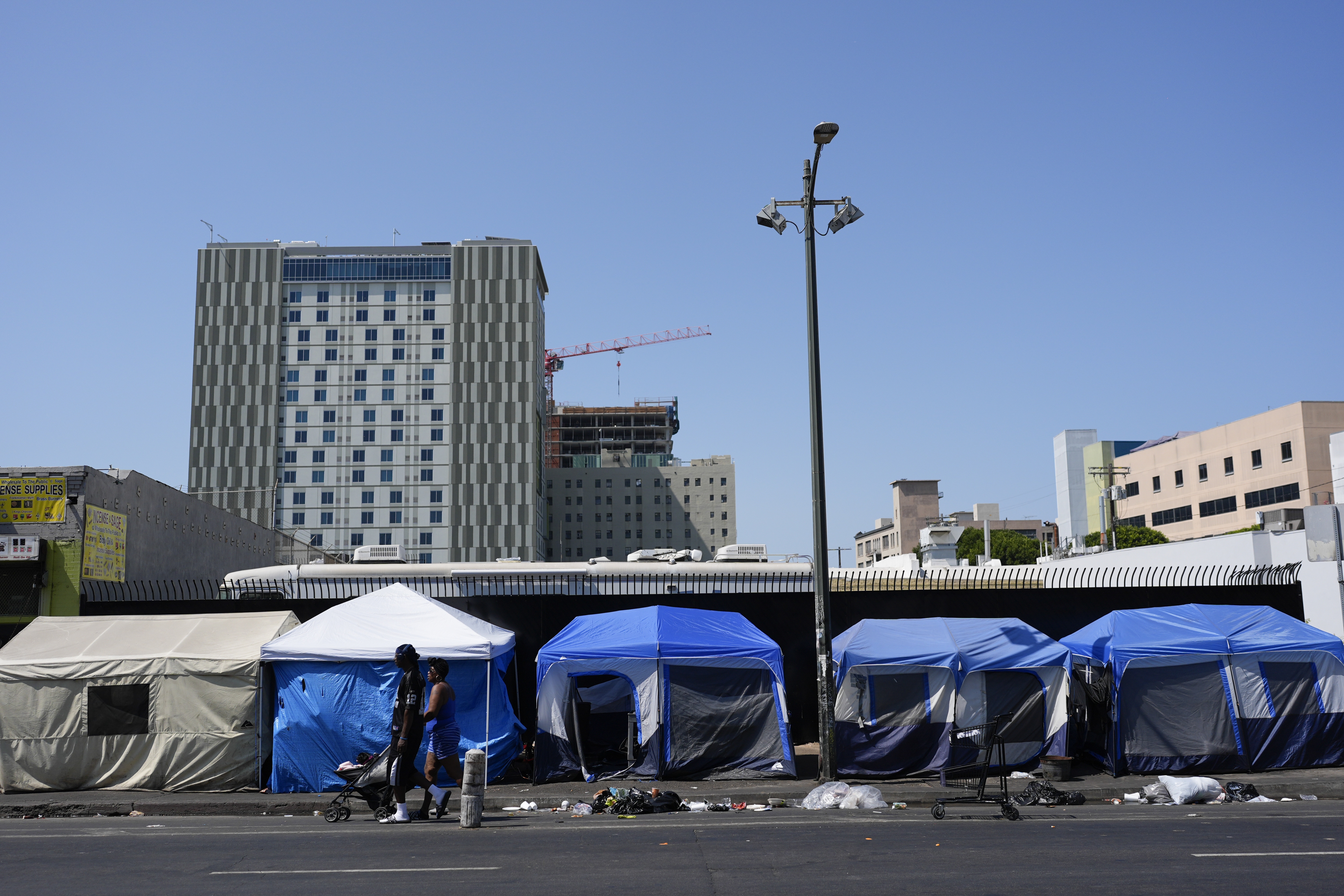 Tents are lined up on Skid Row Thursday, July 25, 2024, in Los Angeles.